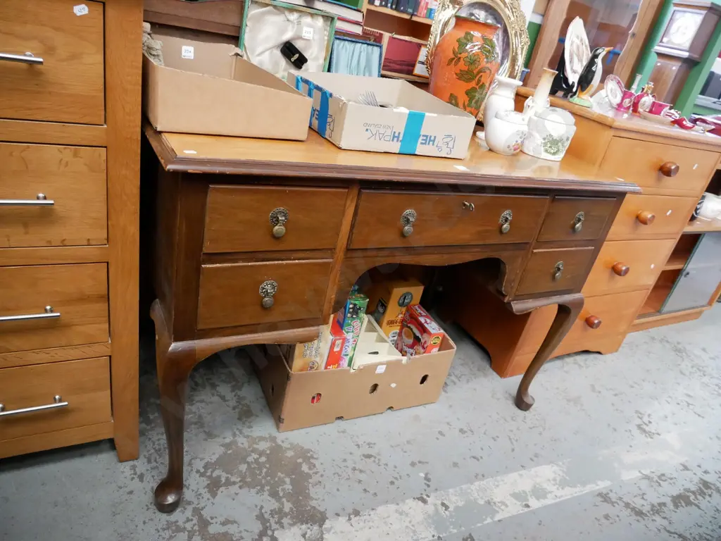 mahogany cab leg 5 drawer desk, key in office, H- 740, W- 1120, D- 610  Image 1++