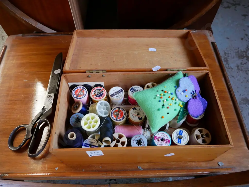 wooden box sewing thread, pin cushions and scissors Image 1++