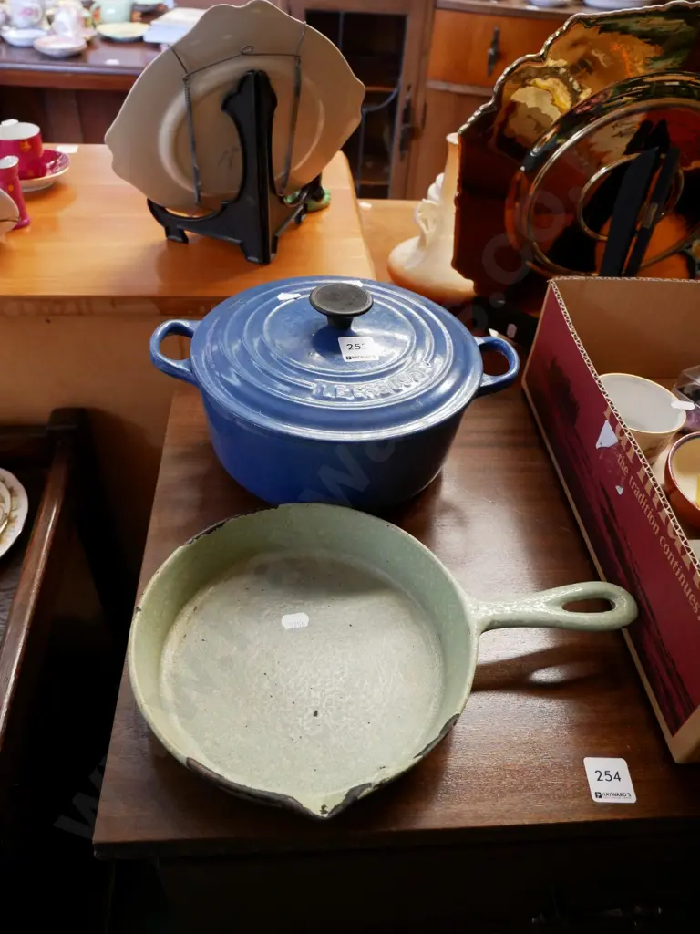 Le Creuset blue enamel cast iron casserole and green speckle fry pan - chips to both Image 1++