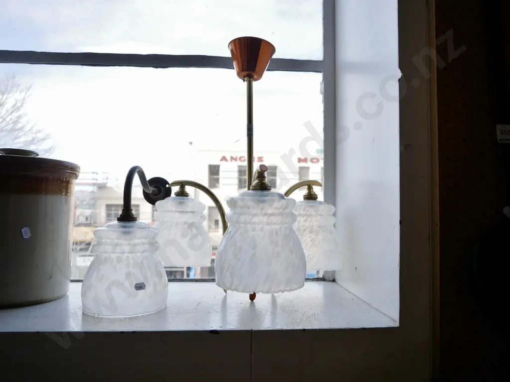 brass 3 bulb pendant light fitting and 1 wall fitting with white mottled glass shades Image 1++
