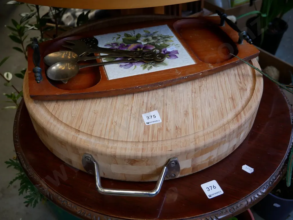 heavy circular bamboo chopping board, cheese board and various brass servers Image 1++