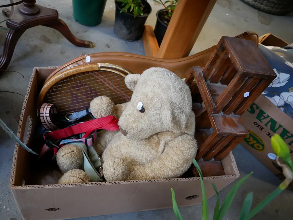 box allsorts; shelves,tennis racket, dog collars, teddy bear Image 1++