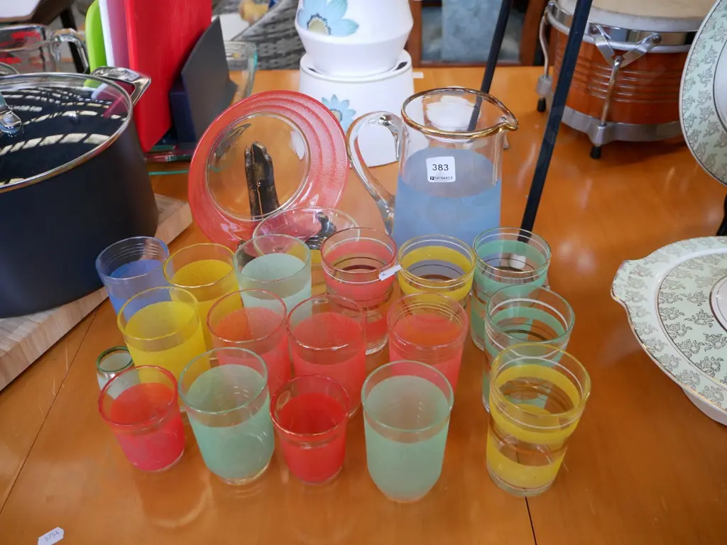 coloured glass tumblers, bowls, water jugs Image 1++