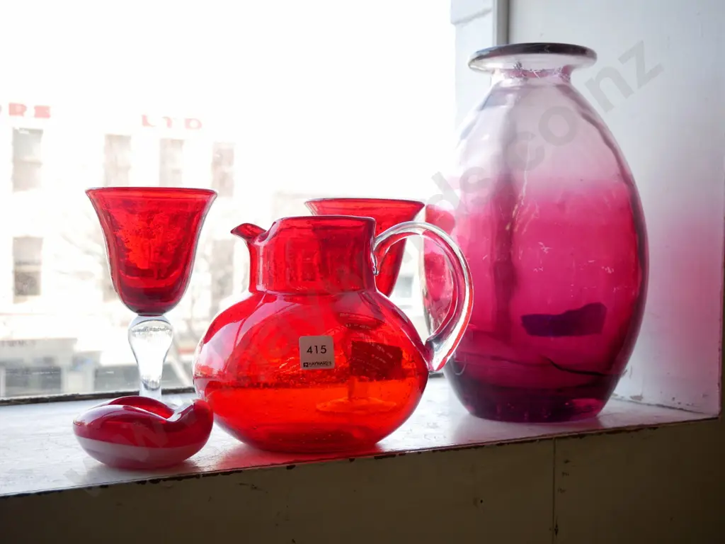 ruby glass jug, goblets, ash tray and large vase H- 350, - some cracks to jug and vase  Image 1++