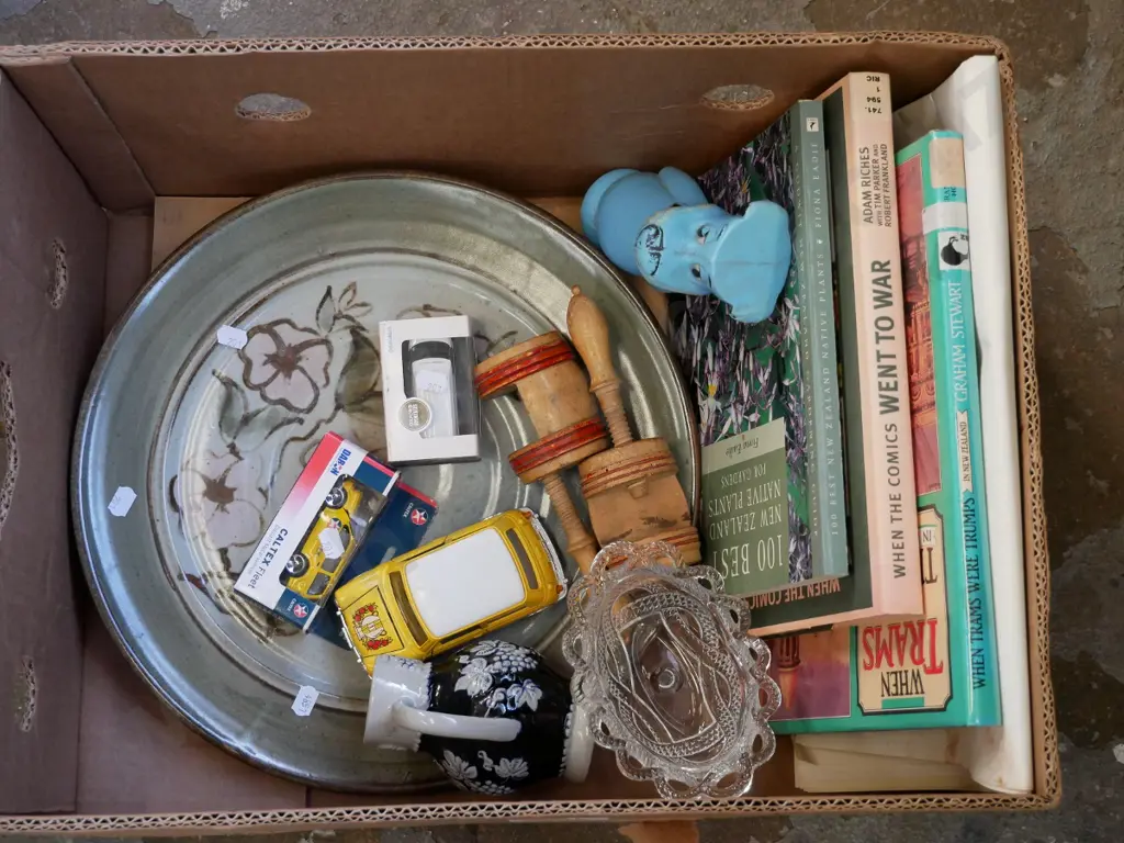 box; books, studio pottery plate, model vehicles etc Image 1++