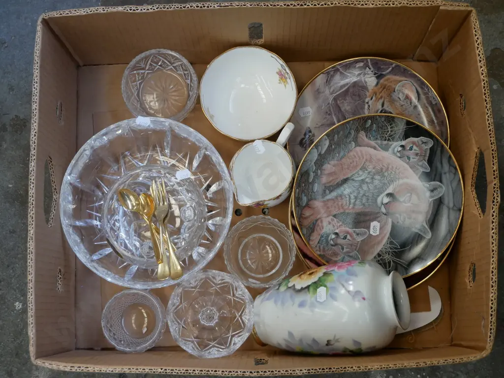 box; crystal bowls, vase, large cat themed cabinet plates etc Image 1++