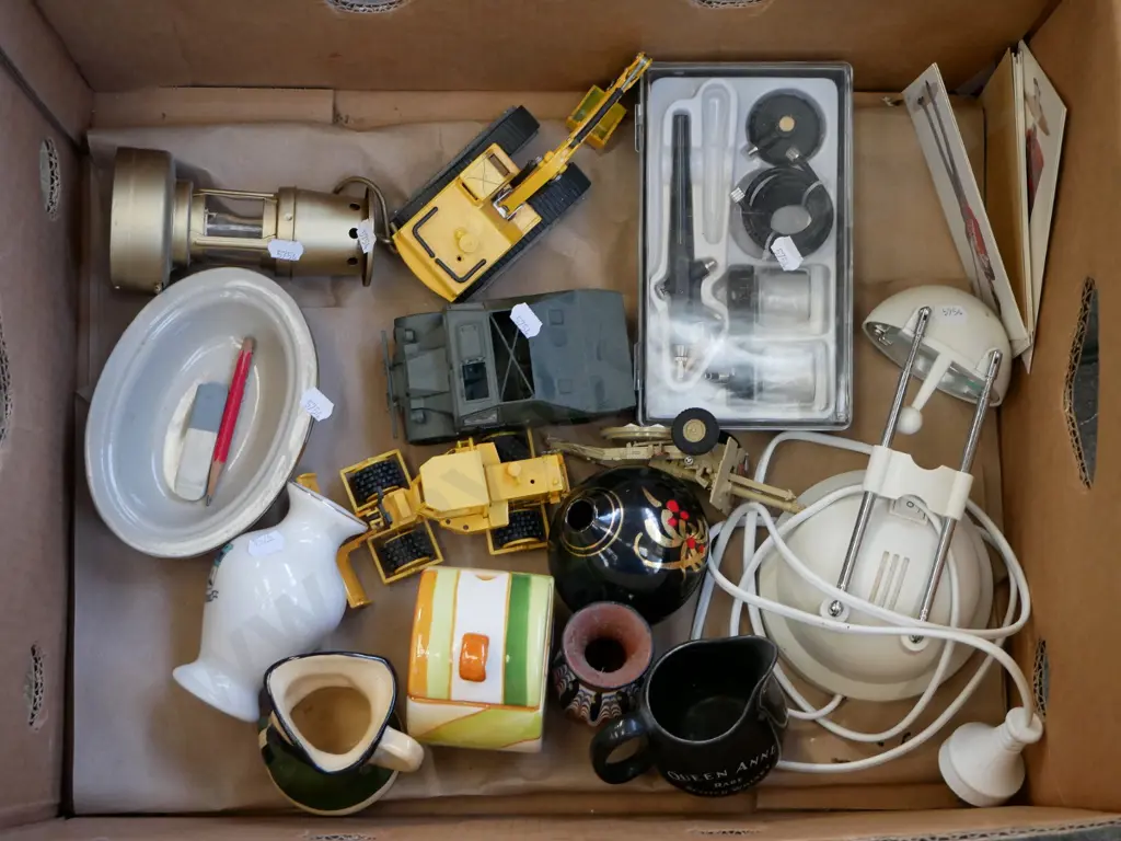box; halogen desk lamp, air brush tools, toby jug, model vehicles etc Image 1++