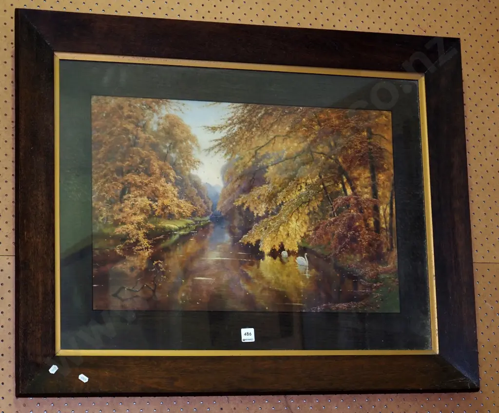 oak framed print - Swans on Stream Image 1++