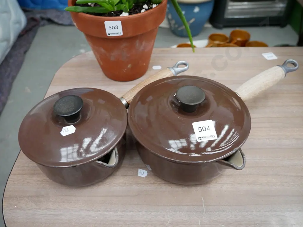 2 cast iron and enamel lidded pouring pots, some damage inside Image 1++