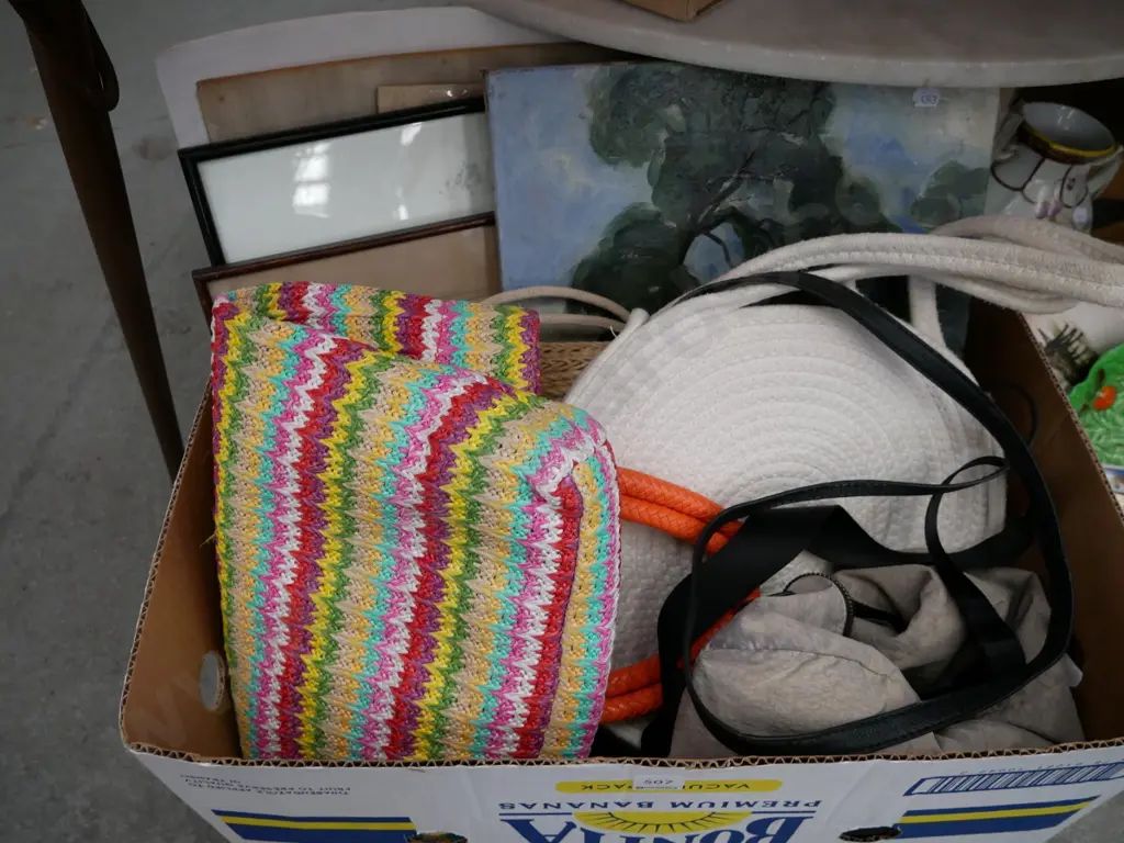 box; handbag, etchings, unframed prints, watercolours etc Image 1++