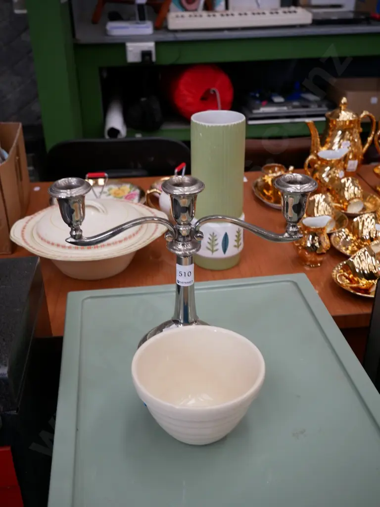 plated candleabra and small Crown Lynn mixing bowl with tiki backstamp Image 1++