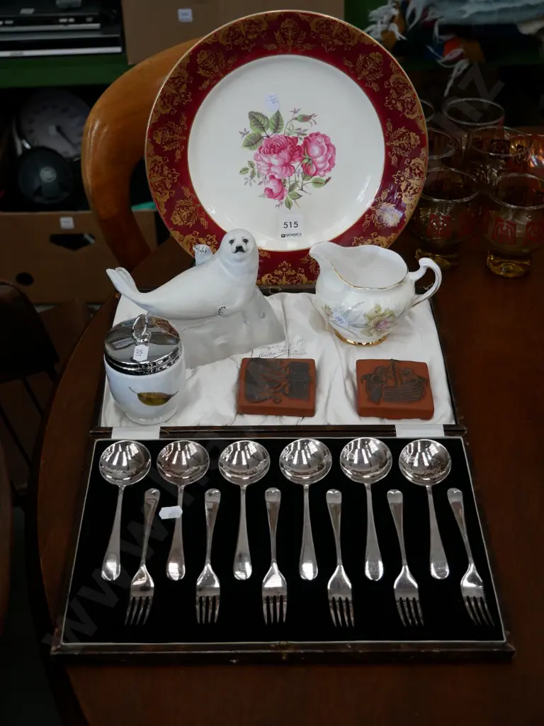 Wedgwood pink rose cabinet plate, cased platedware, seal figurine, egg coddler etc Image 1++