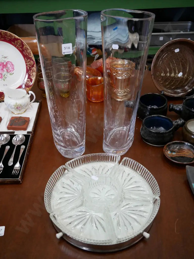 2 tall glass vases and a segmented lazy susan serving tray, vases H -400 Image 1++