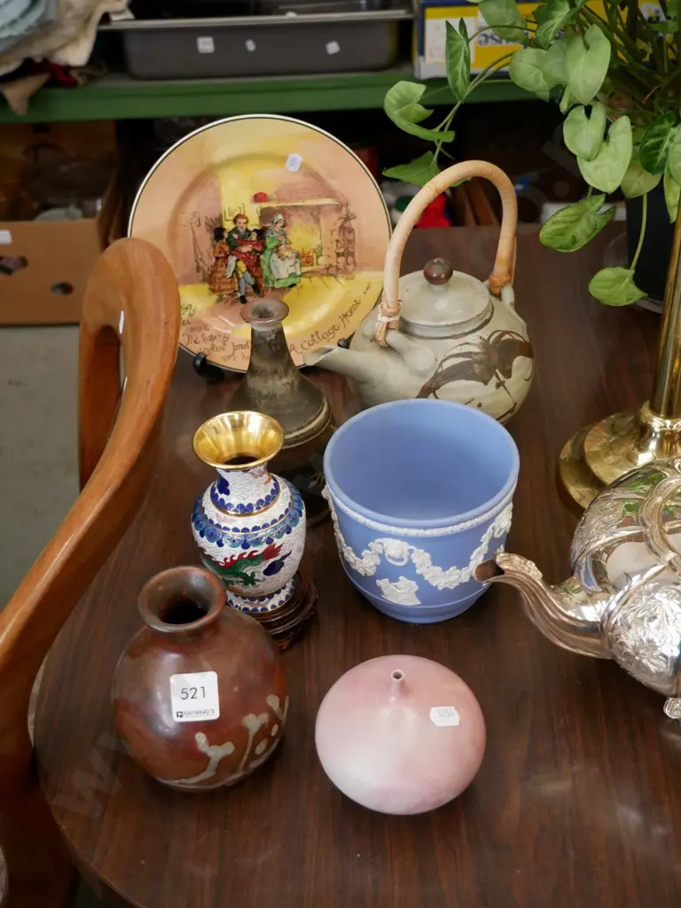 Doulton plate, studio pottery items , cloisonne vase, small wedgwood jardiniere etc Image 1++