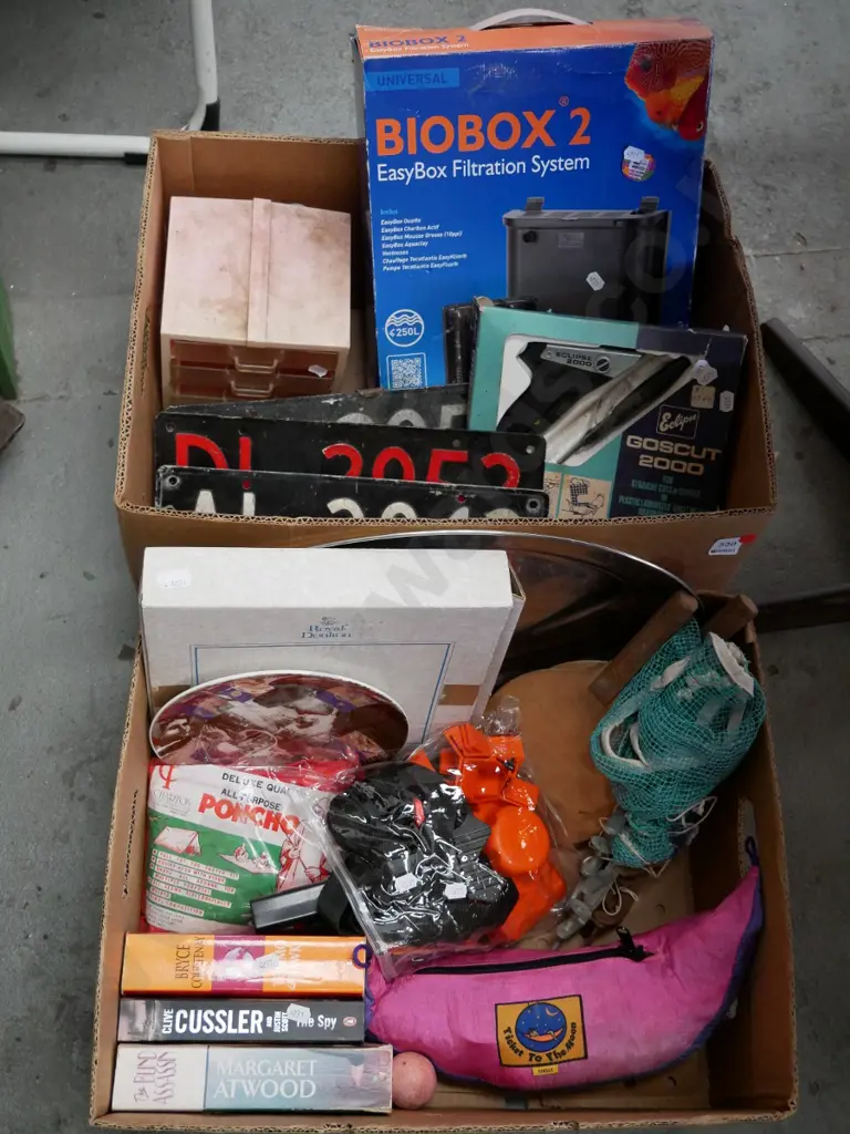 2 boxes of allsorts; aquarium filter, number plates, books, hammock etc - red dots Image 1++