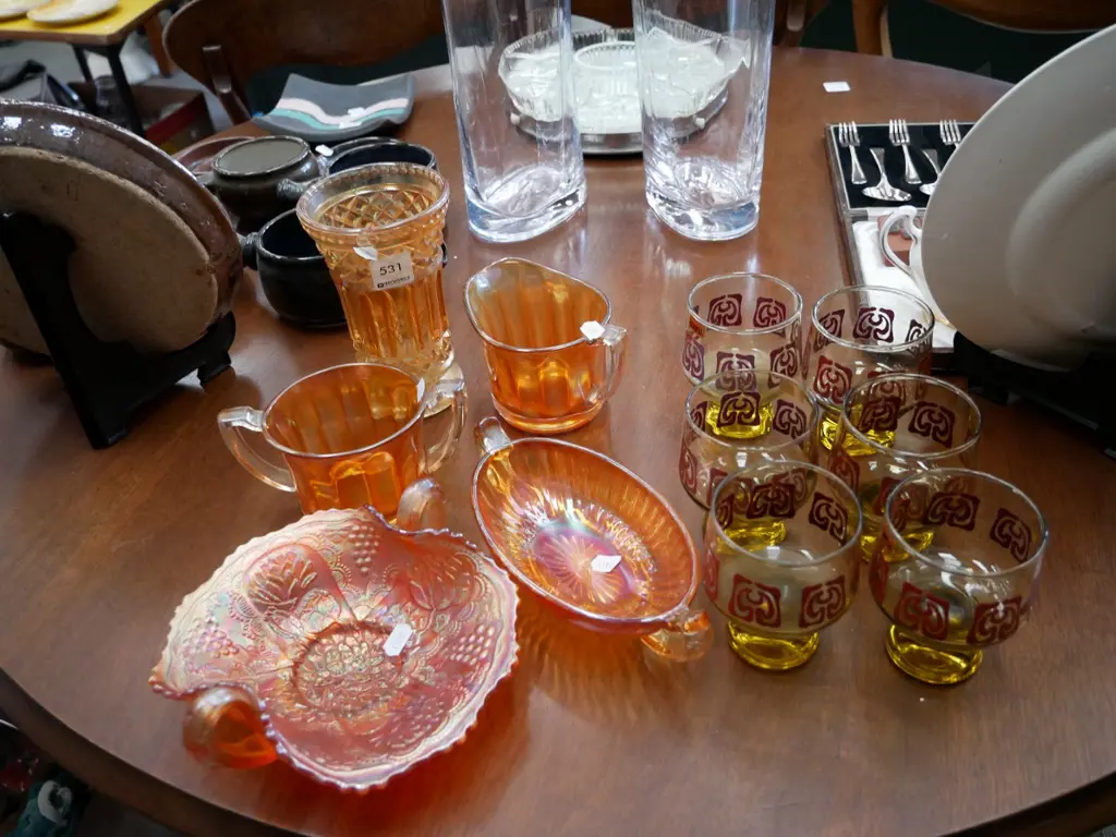 assorted carnival glass items and 6 amber glass patterned goblets Image 1++