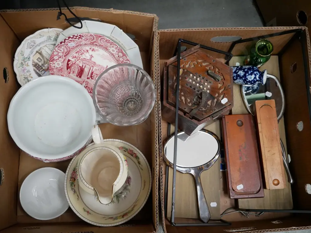 2 boxes; chamber pot, brass vase, button accordion, wall mounted shelves etc Image 1++