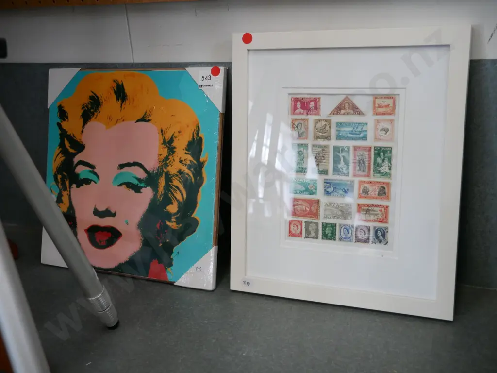 Andy Warhol print on board and framed NZ stamps - red dots Image 1++