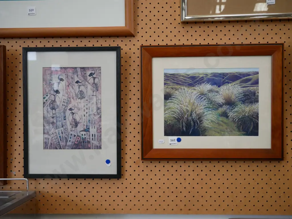 framed print - people in buildings, and framed pastel - tussock country - blue dots Image 1++