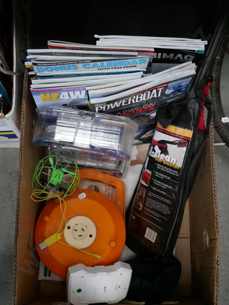 box; magazines, 200 block power inverter extension cord etc Image 1++