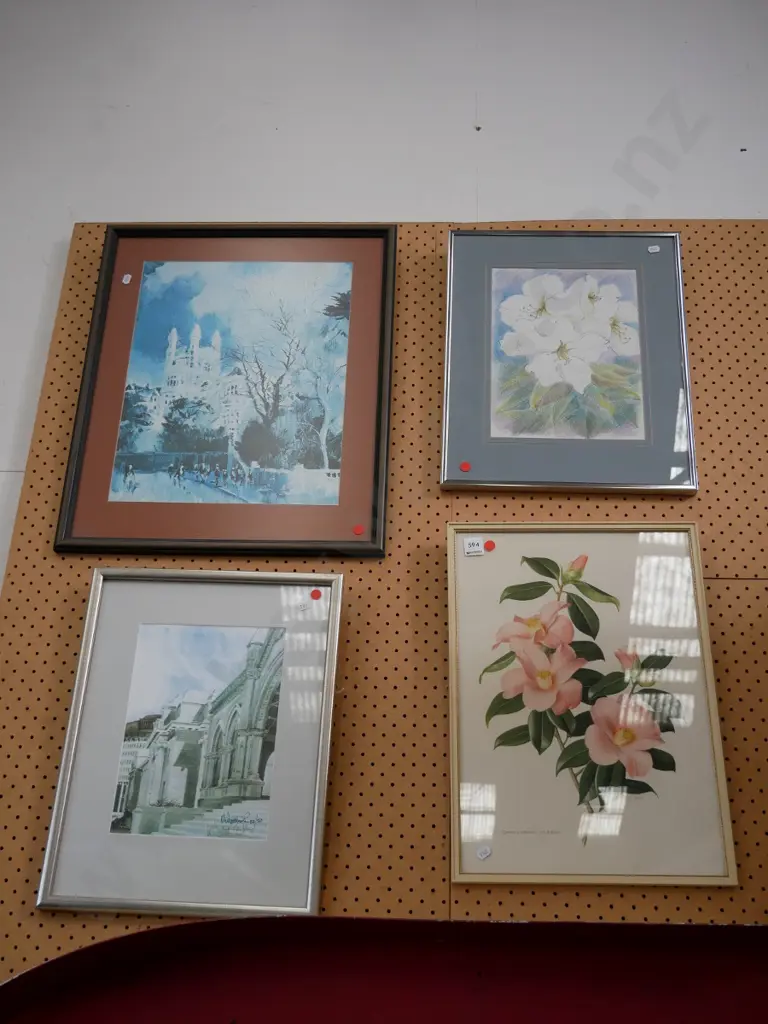 four framed prints - buildings and flowers - red dots Image 1++
