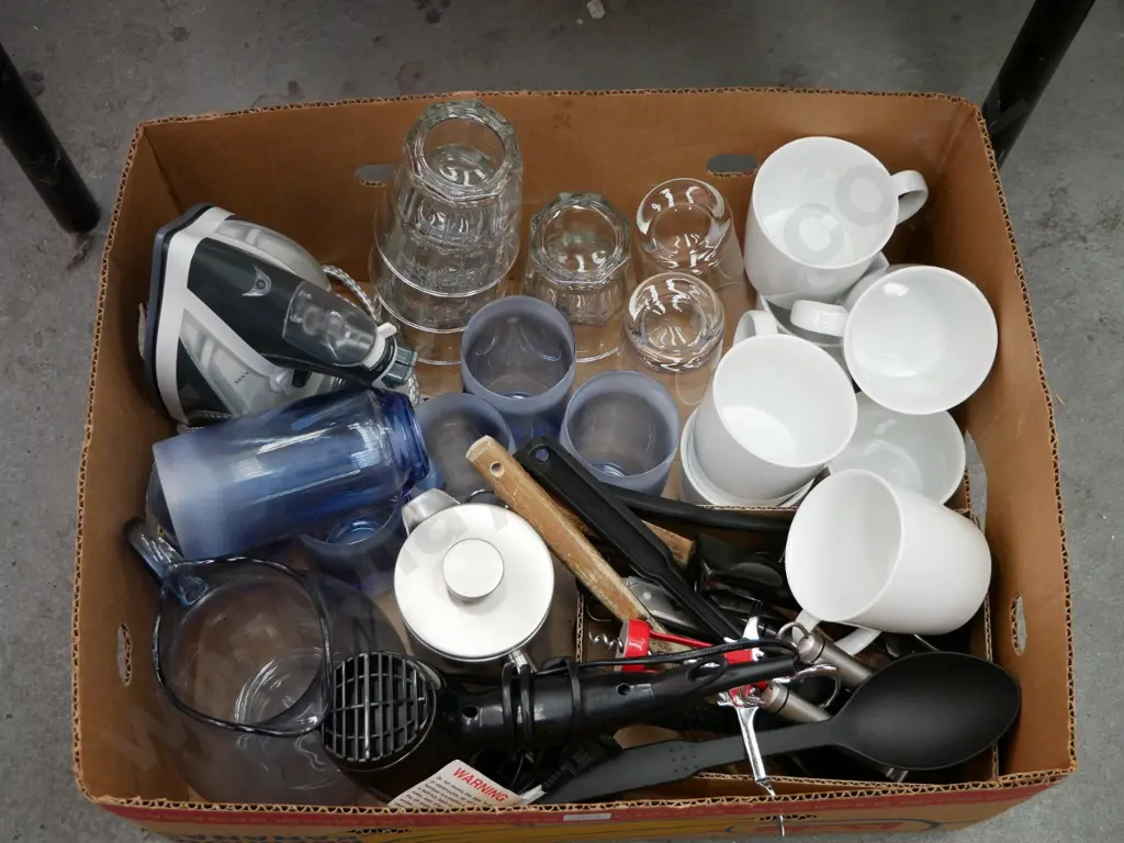 box; kitchen utensils, water jug, iron glasses etc Image 1++