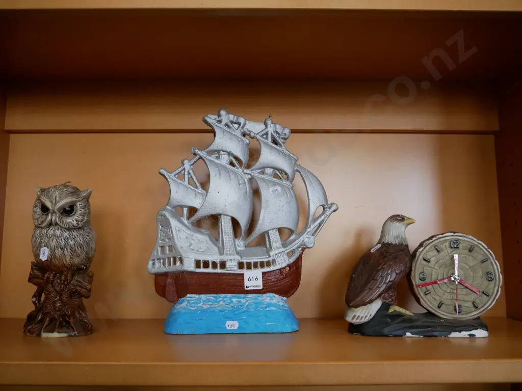owl candle,  alloy galleon model and eagle themed mantel clock Image 1++