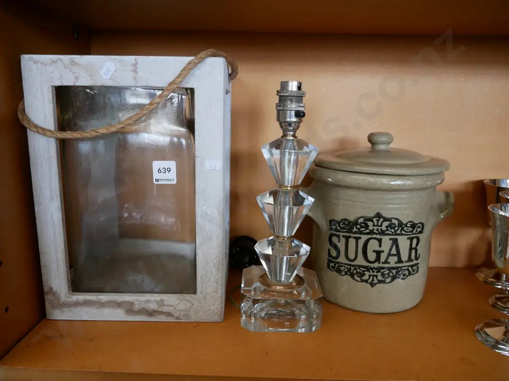 glass canister and wooden box; stoneware lidded sugar and glass table lamp base Image 1++