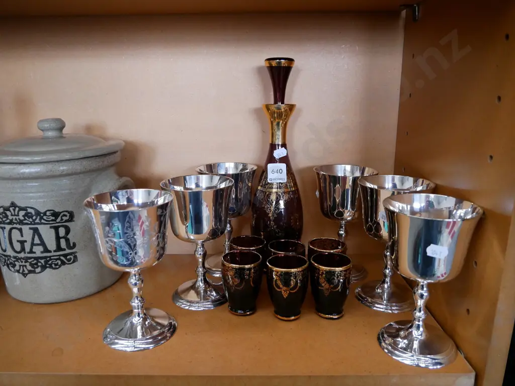 ruby glass and gold stoppered decanter and 6 plated goblets Image 1++