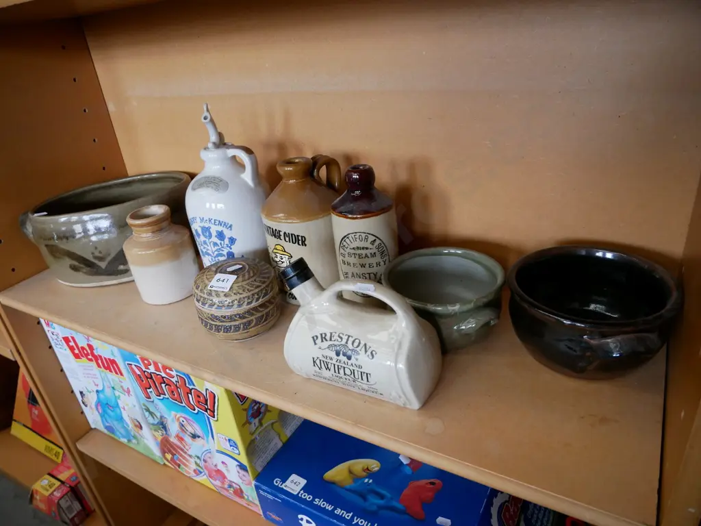 studio pottery bowls, whisky bottles and small lidded canister Image 1++