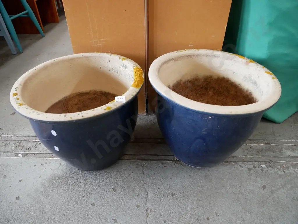 pair of blue glazed garden planters H- 320, Diam - 400 Image 1++
