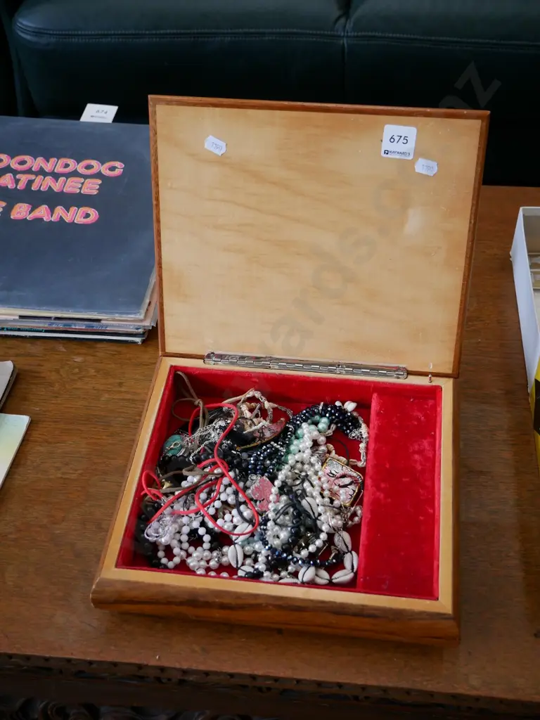 marquetry inlay jewellery box and costume jewellery contents Image 1++