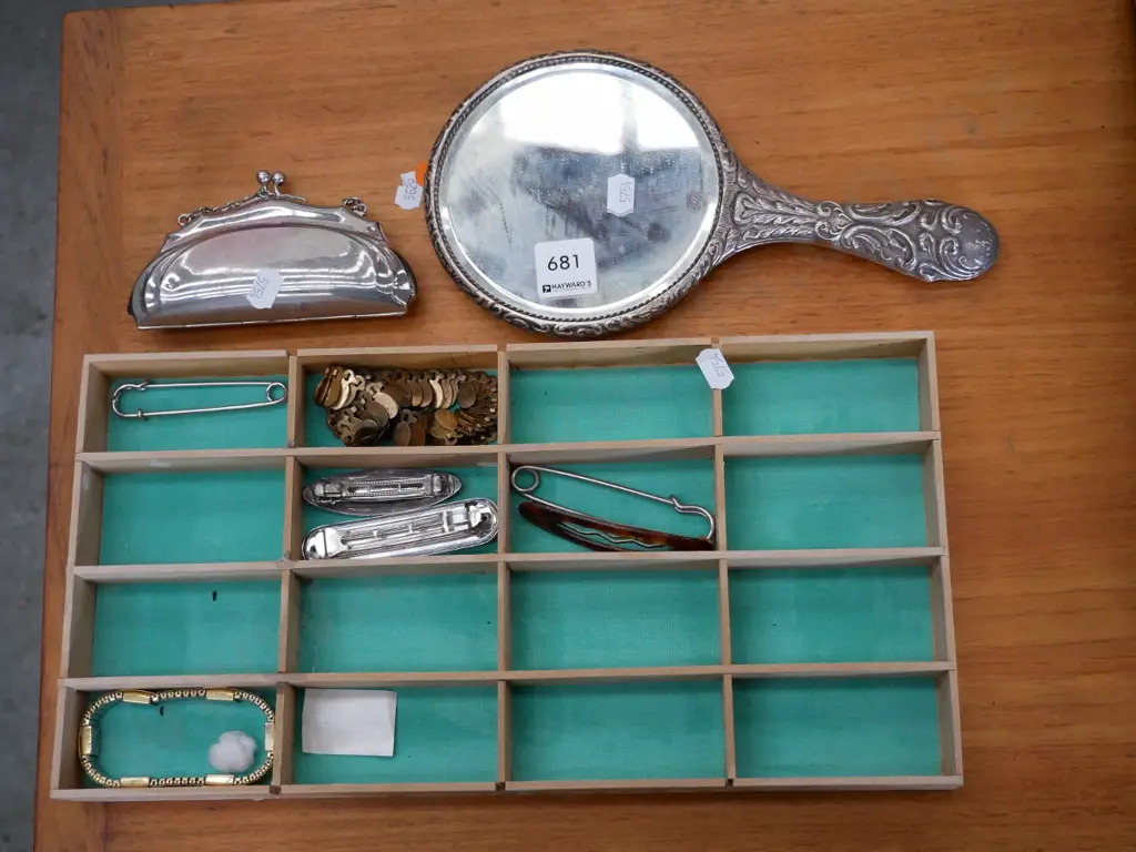 hand held mirror, plated clutch purse, hairclips etc Image 1++