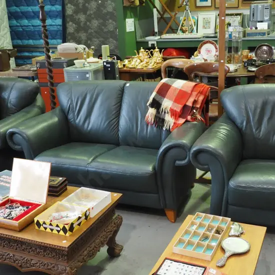 green leather rolled arm 3 piece lounge suite with one two seater and two singles