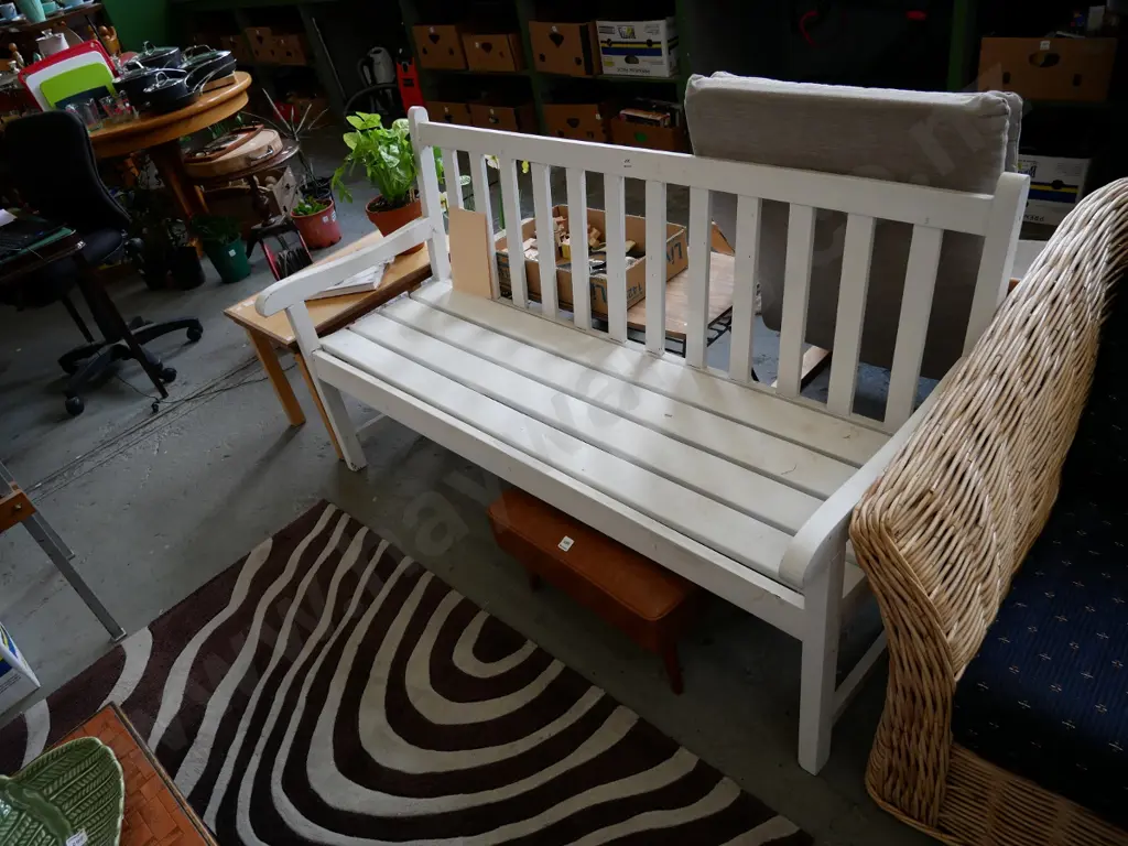 white painted wooden garden bench seat H- 860, W- 1510, D- 580 Image 1++