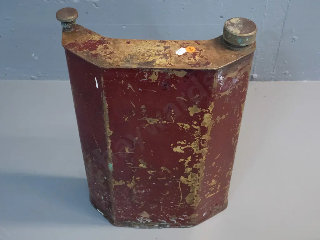 vintage contour shaped brass fuel or water tank with 2 brass caps, age wear to painted finish H-410 W-290 Image 1++