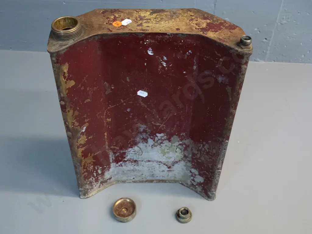 vintage contour shaped brass fuel or water tank with 2 brass caps, age wear to painted finish H-410 W-290 Image 1++