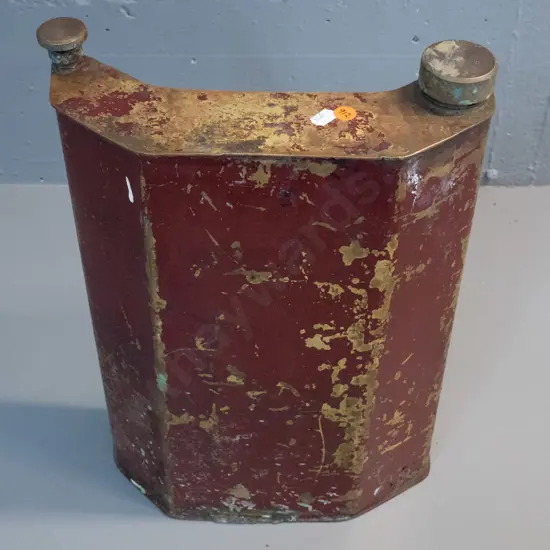 vintage contour shaped brass fuel or water tank with 2 brass caps, age wear to painted finish H-410 W-290