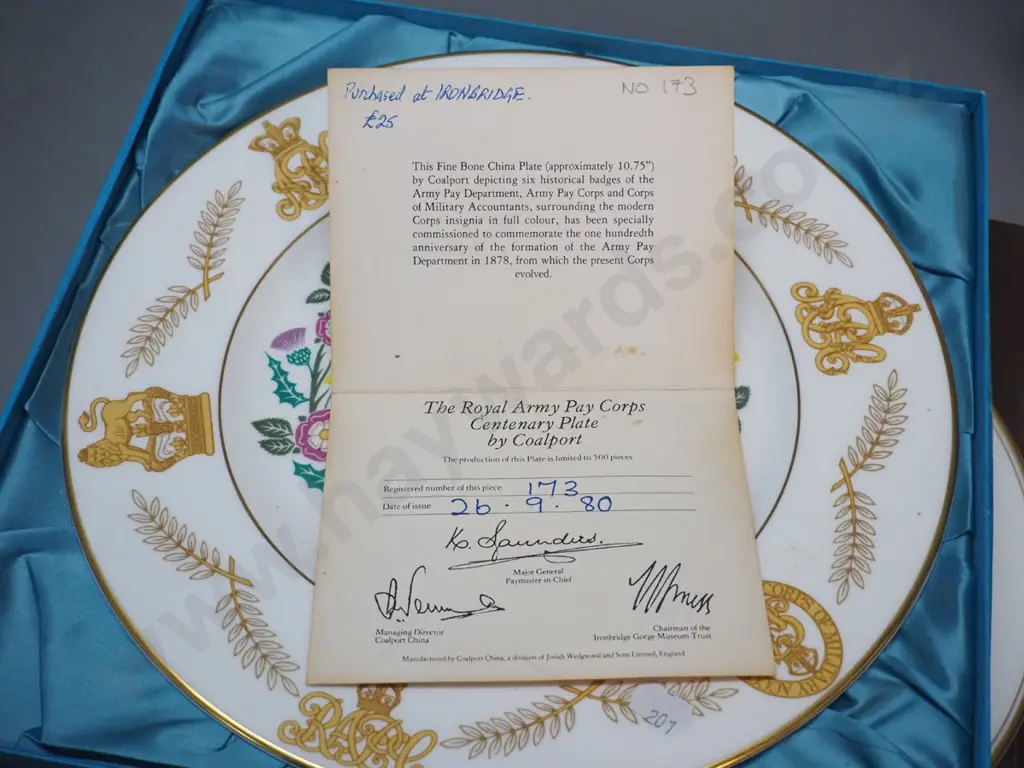 Coalport Centenary of Royal Army Pay Corp plate D-275 and 3 Royal Worcester King Arthur plates - all in original boxes Image 1++