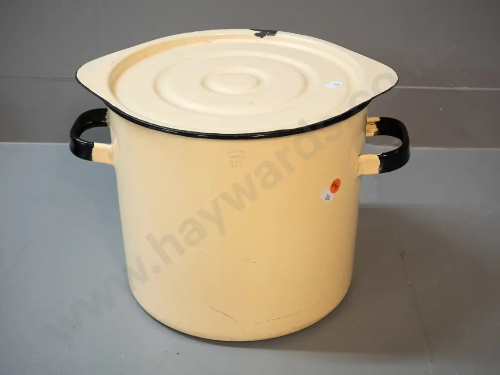 vintage large Kockums Sweden 10 litre enamel lidded stock pot  with iron base - some chips to enamel H230 W-320 Image 1++
