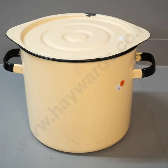 vintage large Kockums Sweden 10 litre enamel lidded stock pot  with iron base - some chips to enamel H230 W-320