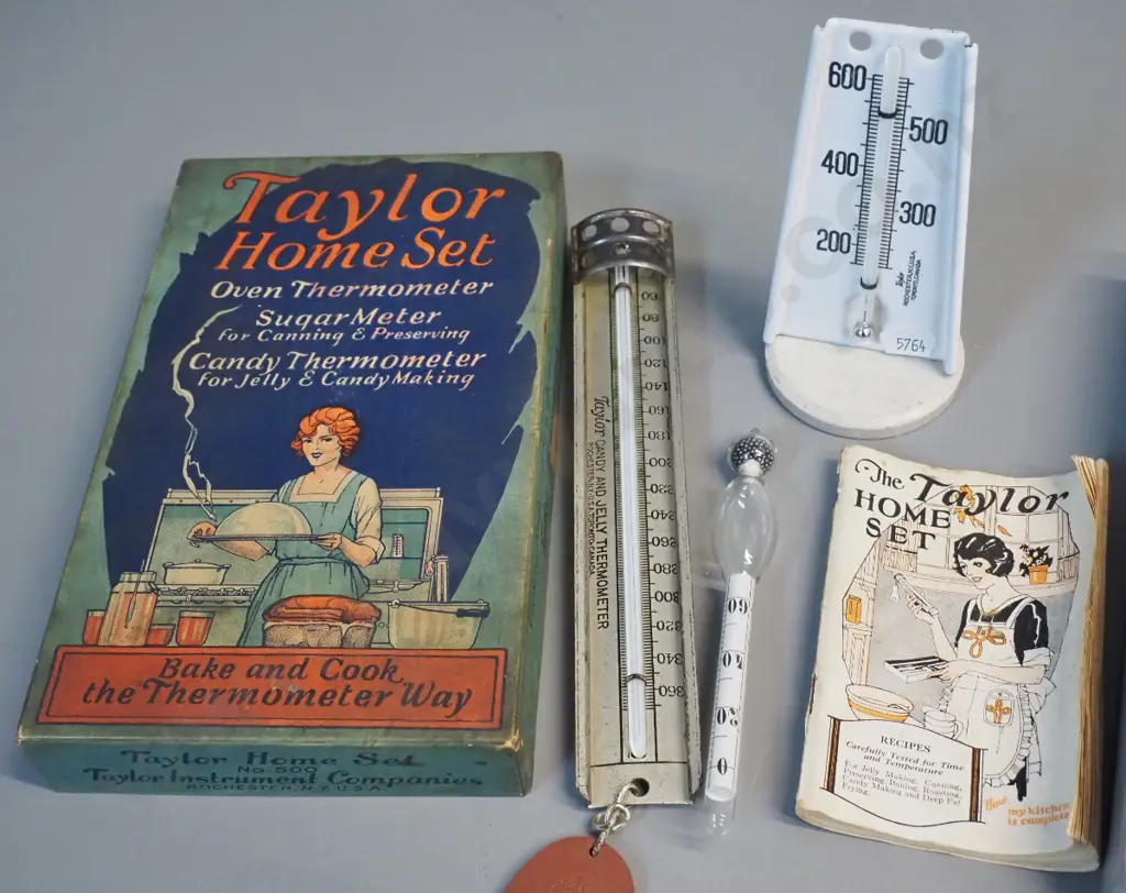 vintage Taylor Home Set with sugar meter, candy and oven thermometer in original box, with extra piping items Image 1++