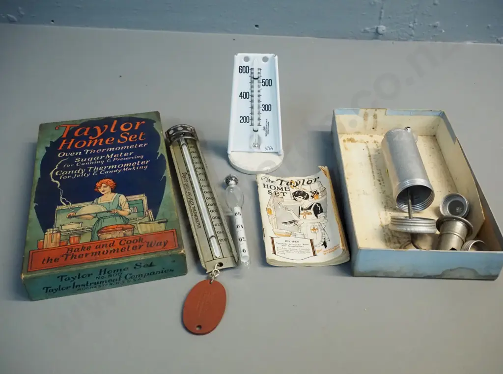 vintage Taylor Home Set with sugar meter, candy and oven thermometer in original box, with extra piping items Image 1++