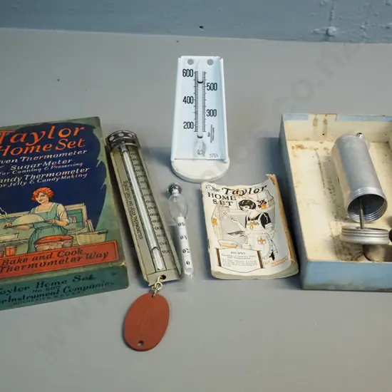 vintage Taylor Home Set with sugar meter, candy and oven thermometer in original box, with extra piping items