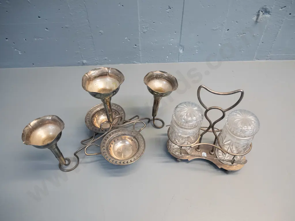 2 EPNS items - table centre with 3 epergnes and 2 sweet dishes H230 L380 W220 & 2 pickle jars in stand with forks Image 1++