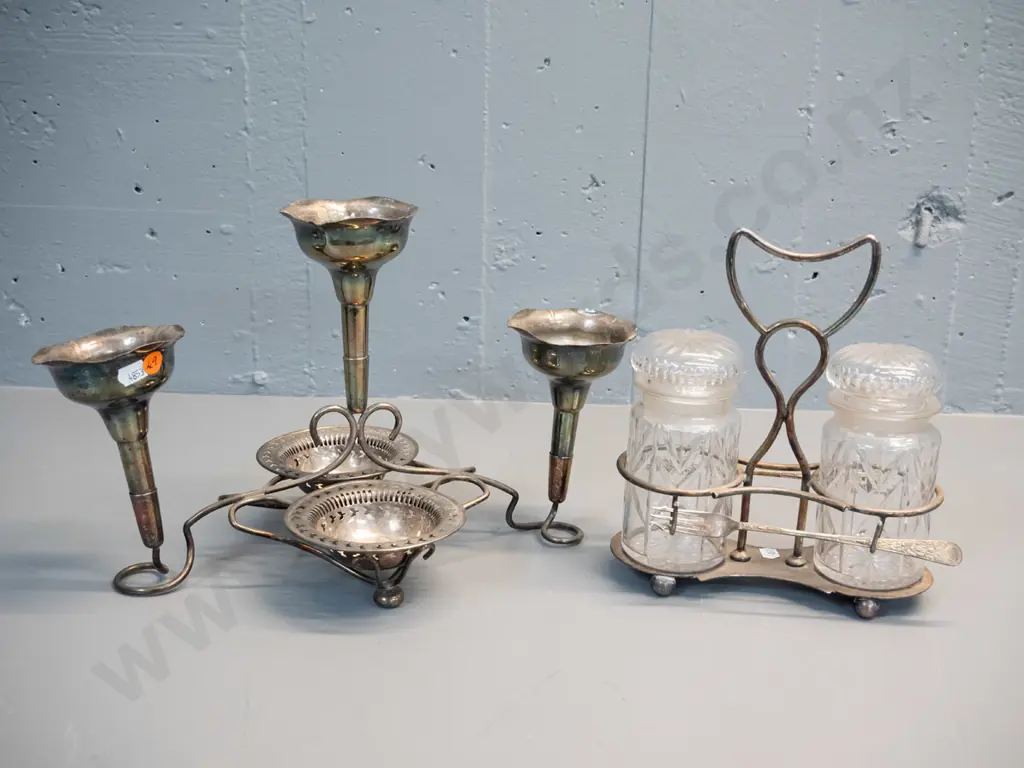 2 EPNS items - table centre with 3 epergnes and 2 sweet dishes H230 L380 W220 & 2 pickle jars in stand with forks Image 1++