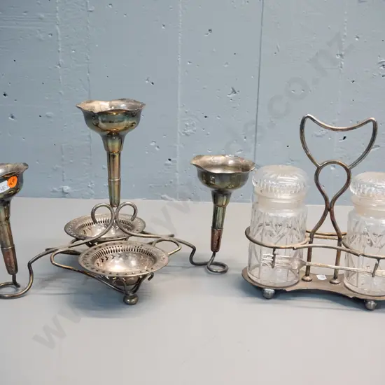 2 EPNS items - table centre with 3 epergnes and 2 sweet dishes H230 L380 W220 & 2 pickle jars in stand with forks