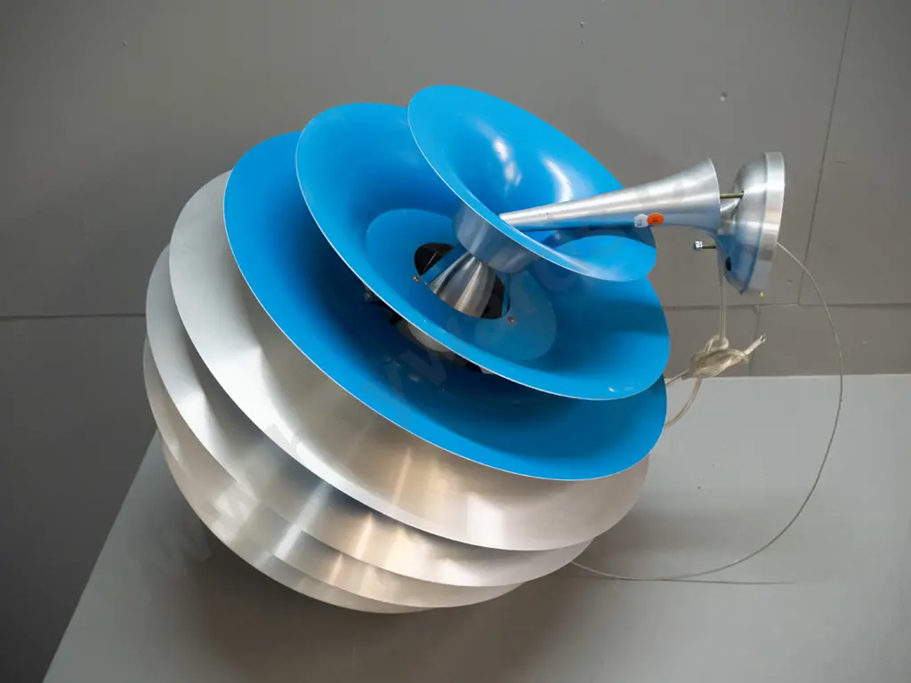 very large blue and plain brushed aluminium hanging light fitting H-600 Diameter 450 - light scratching Image 1++