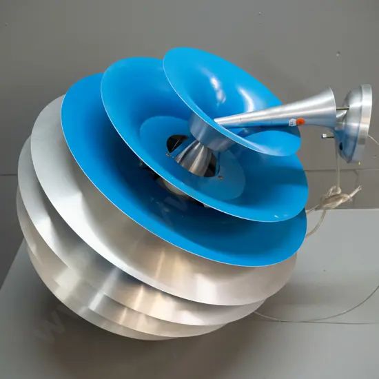 very large blue and plain brushed aluminium hanging light fitting H-600 Diameter 450 - light scratching