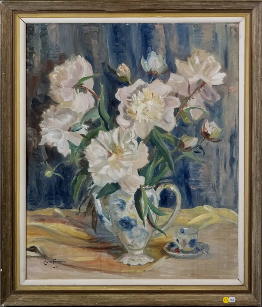 Myra Thompson - framed oil on board - still life flowers  H-590 W-490 Image 1++